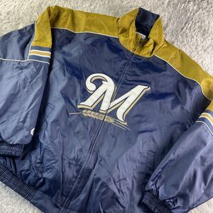 Vintage Milwaukee Brewers Jacket Mens Large Blue Gold Majestic Windbreaker MLB